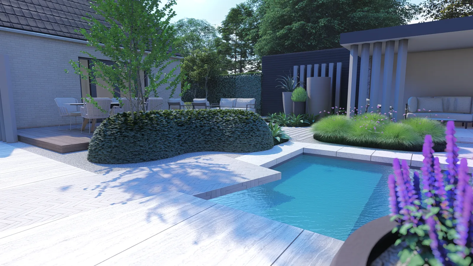 Strak vormgegeven tuin met terras en borders, ontworpen voor een woning in Maastricht